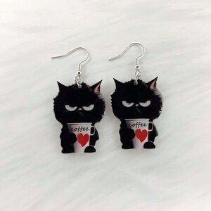 Grumpy Black Cat with Coffee Large Dangle Earrings